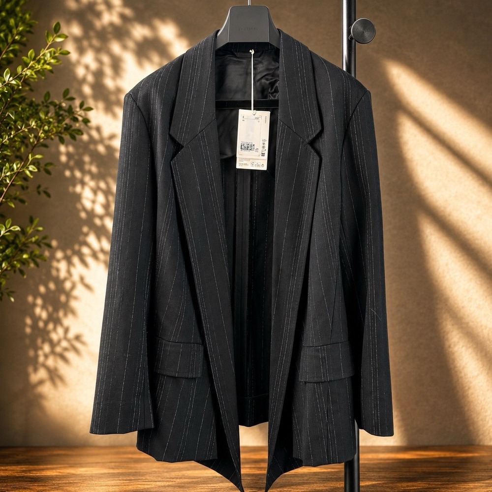 COS Blazer Womens 10 Black Pinstripe Wool Blend Asymmetric Casual Draped NWT